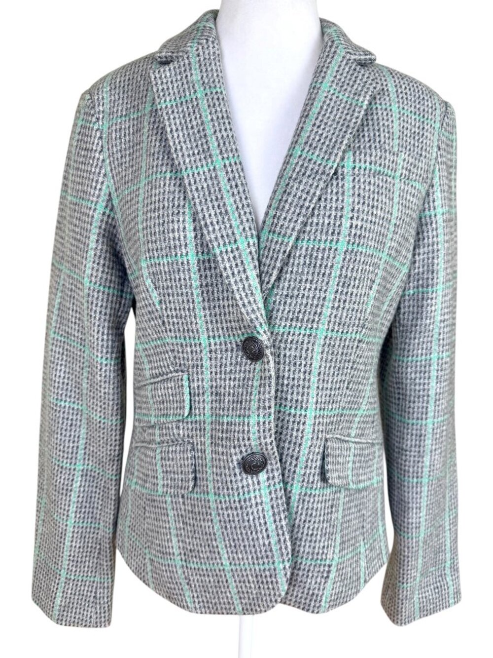 C. Wonder Wool Blend Blazer Plaid Gray Mint Green Tweed Elbow Patches (6)